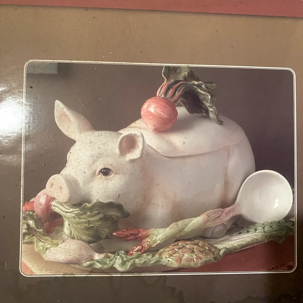 FITZ AND FLOYD Pig Tureen . Never Used in Original Box all pieces included.